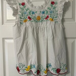 White Embroidered Floral Peasant Blouse Ruffle Sleeve Size S